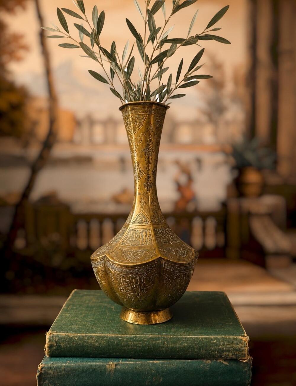 Vintage Hand-Engraved Indian Brass Hookah Base Vase, Mughal Style Calligraphy